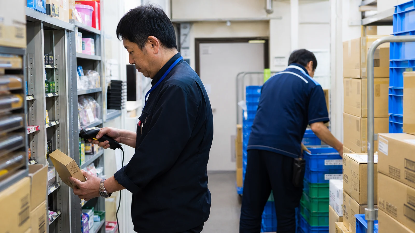 コンビニのバックヤードで入荷商品を検品するスタッフ。