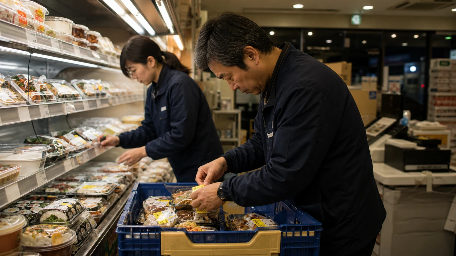 閉店前の食品棚で値引きと期限確認を行うコンビニスタッフ。