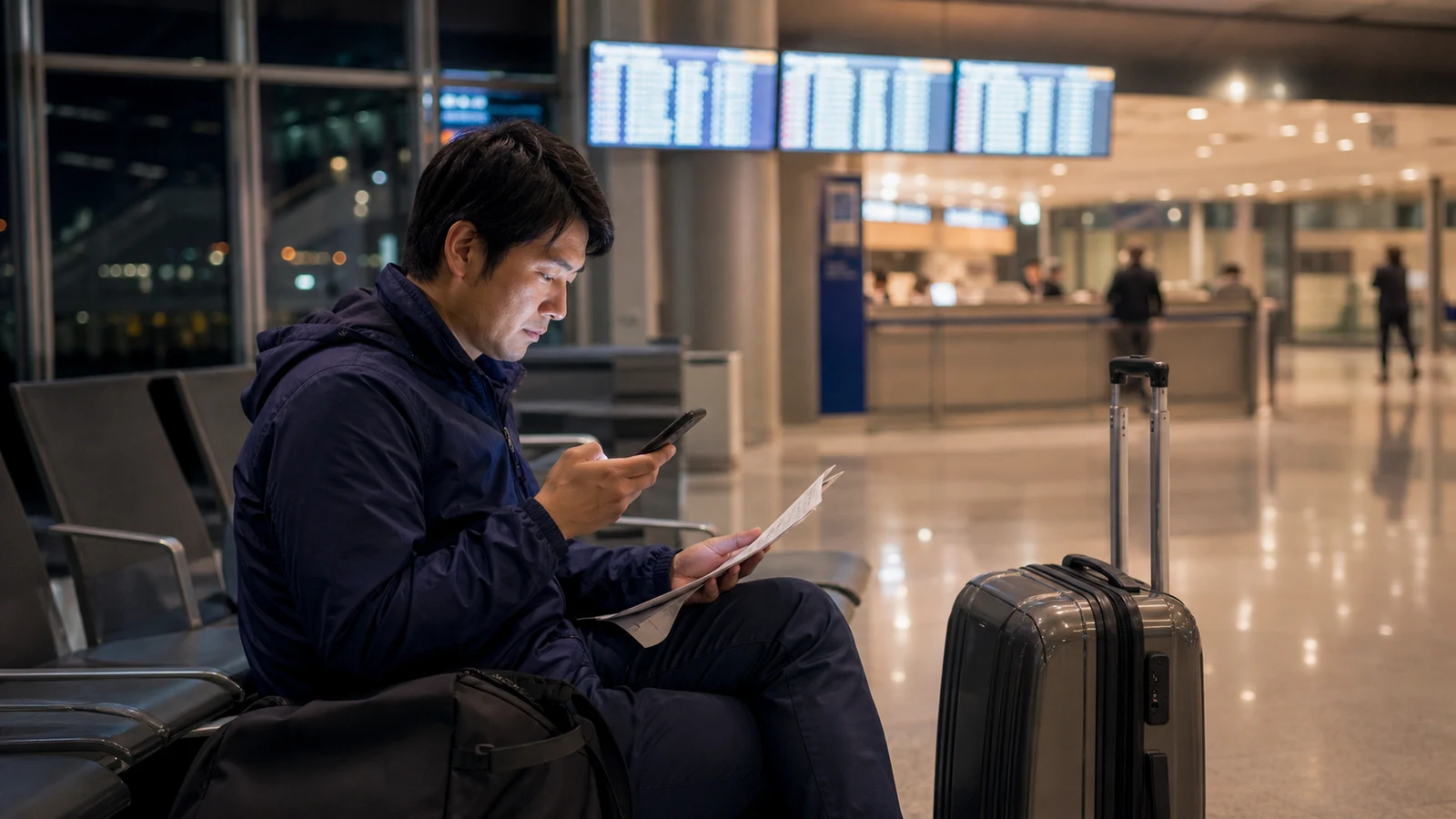 空港で運航案内を確認し、代替便と地上交通を調べる旅行者。