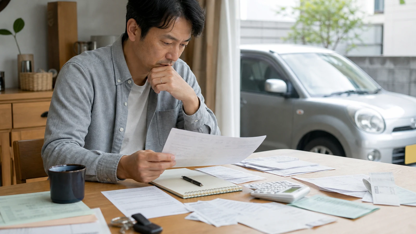 車の鍵、整備記録、保険資料を前に5年間の費用と売却額を計算する購入者。