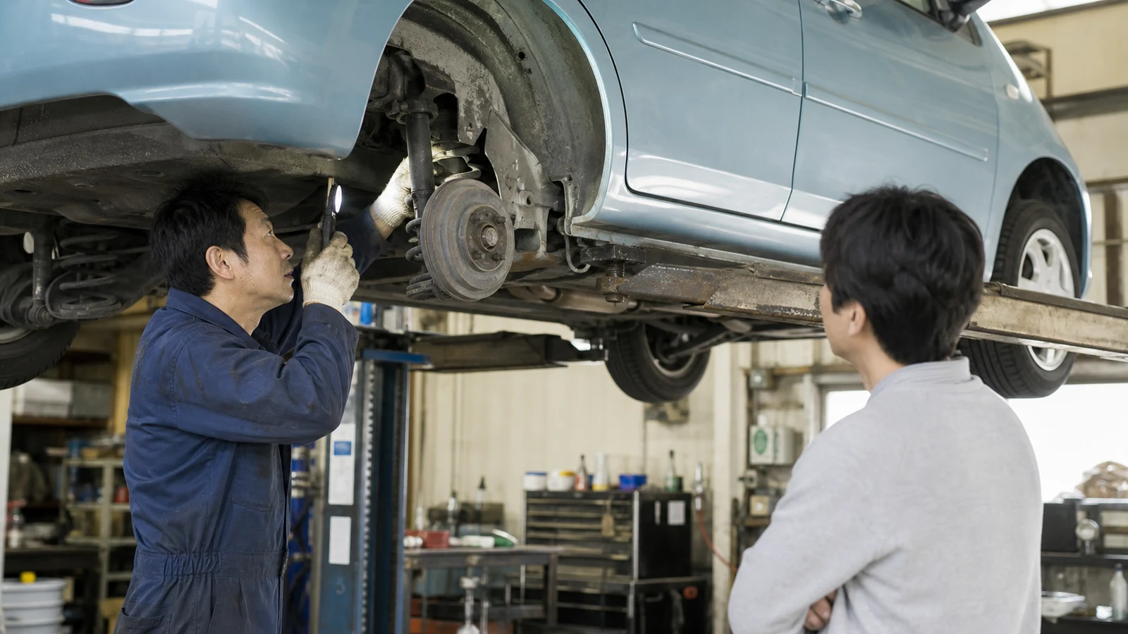 整備工場で中古車の下回り、ブレーキ、タイヤを点検する整備士。