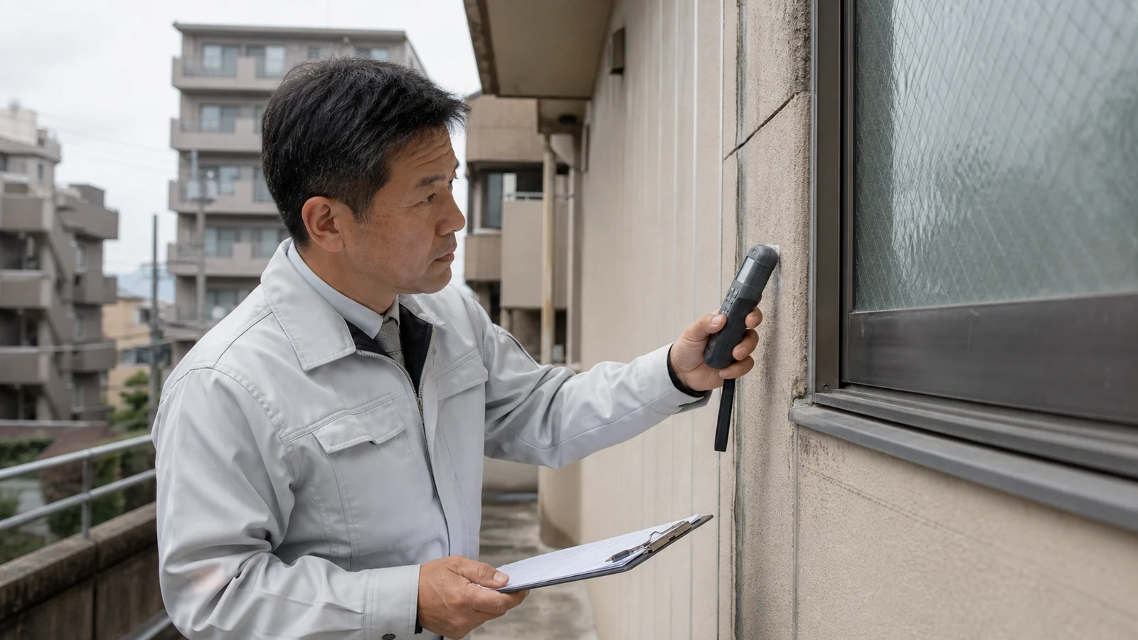 住宅の外壁と窓まわりを点検し修繕箇所を記録する専門スタッフ。