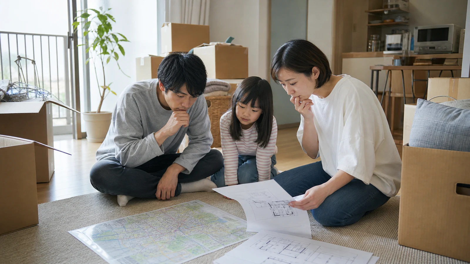 引越し箱と間取り図を前に住み替え先を相談する家族。