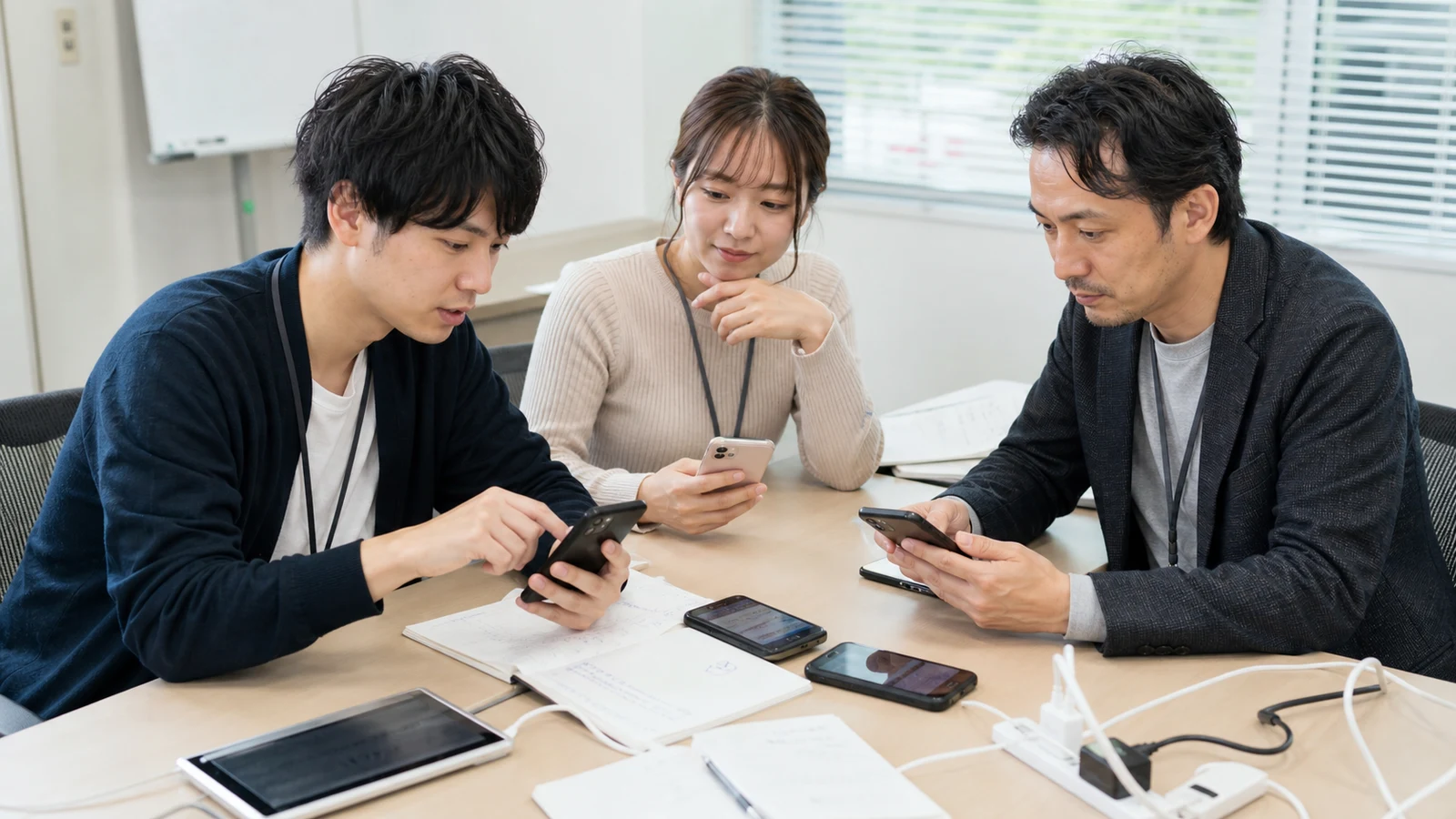複数のスマートフォンで購入、解約、返金、更新の流れを試験するアプリ開発チーム。
