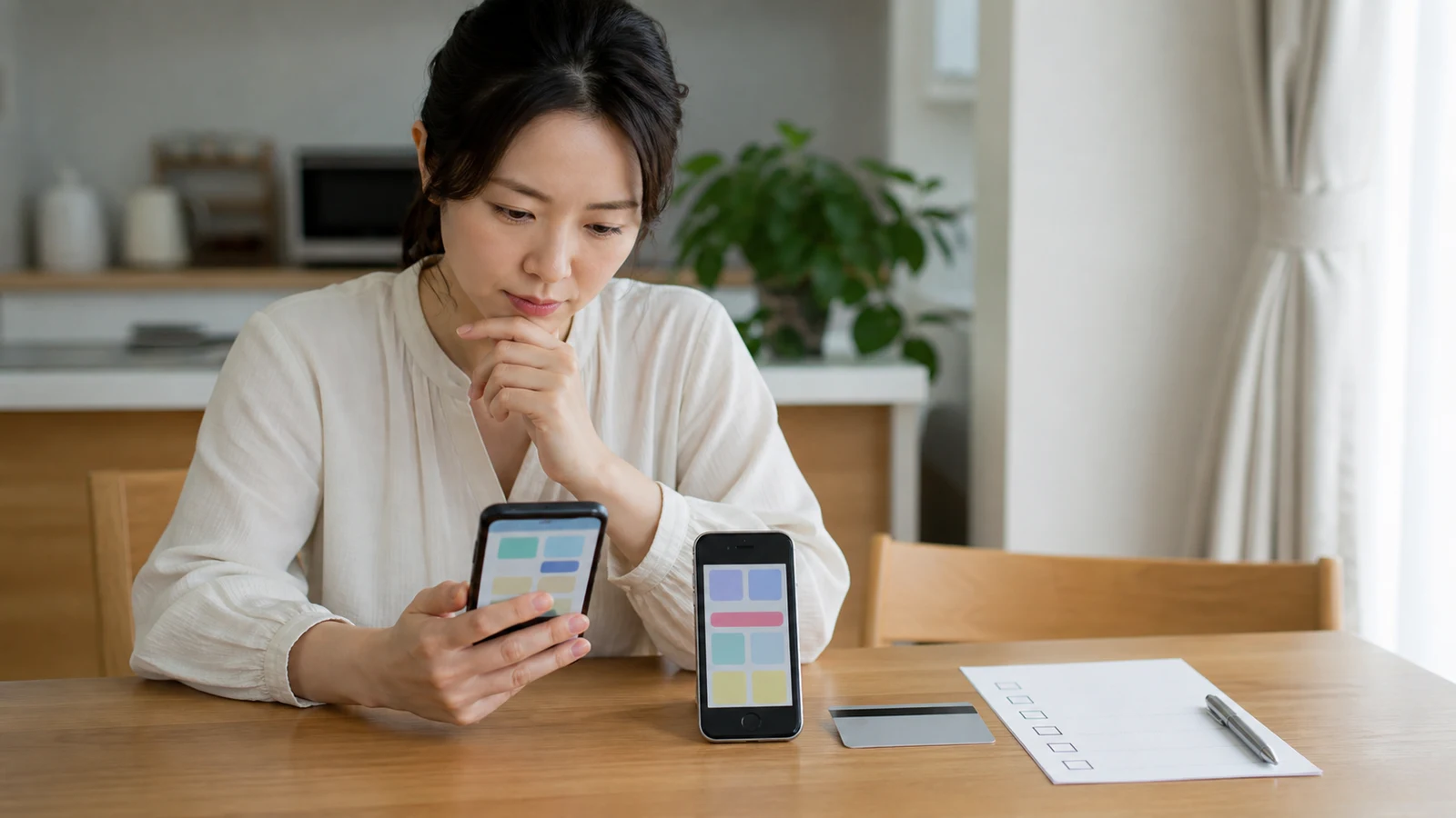 スマートフォンの購入画面で販売者、請求、解約、返金条件を確認する利用者。