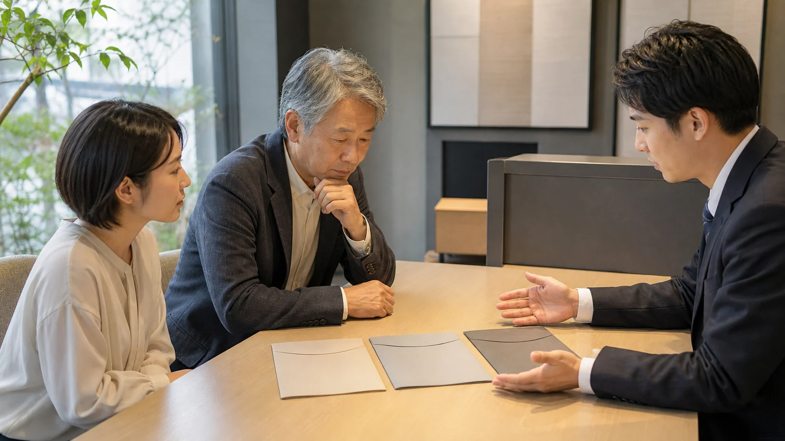 個人向け国債、定期預金、生活資金の配分を家族と金融機関担当者が確認する場面。