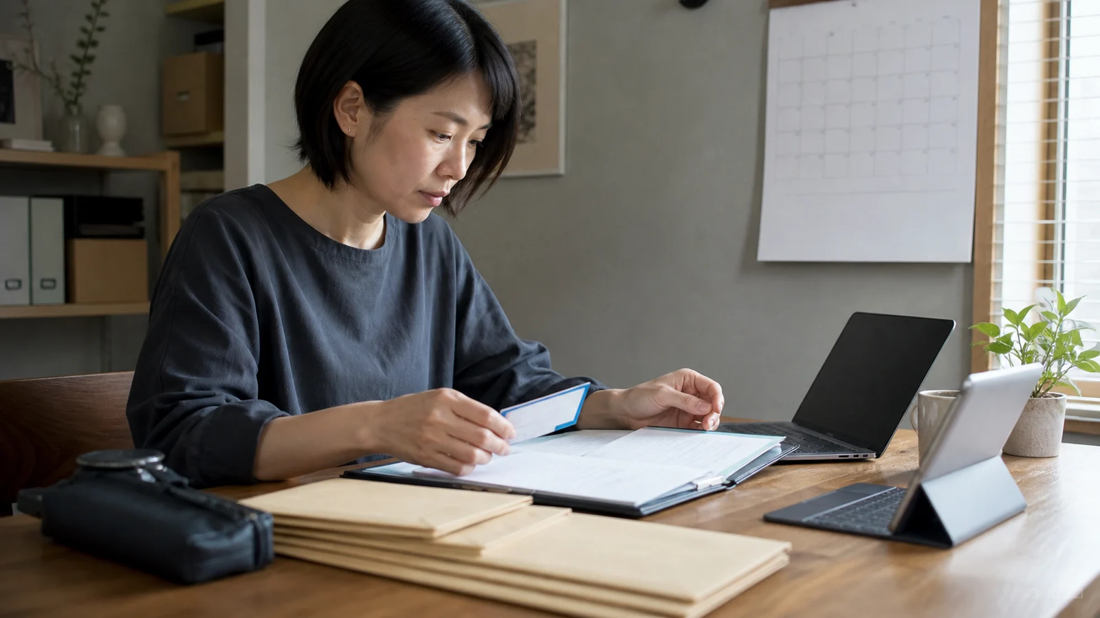 二か月の休業に備え、生活費、引継ぎ、事業継続を準備する自営業者の机。