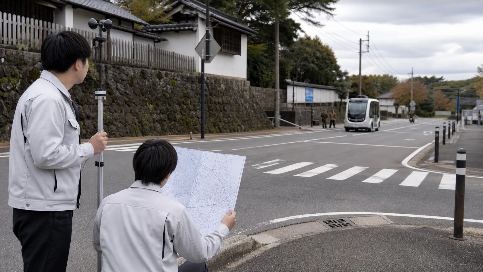 自動運転の対象道路で路面、交差点、沿道障害を確認する運行担当者。