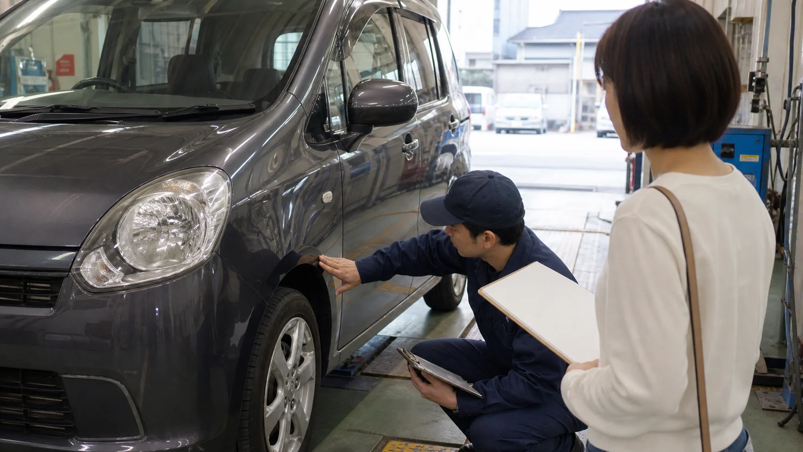 契約満了前に車体の傷と返却条件を確認する利用者と担当者。