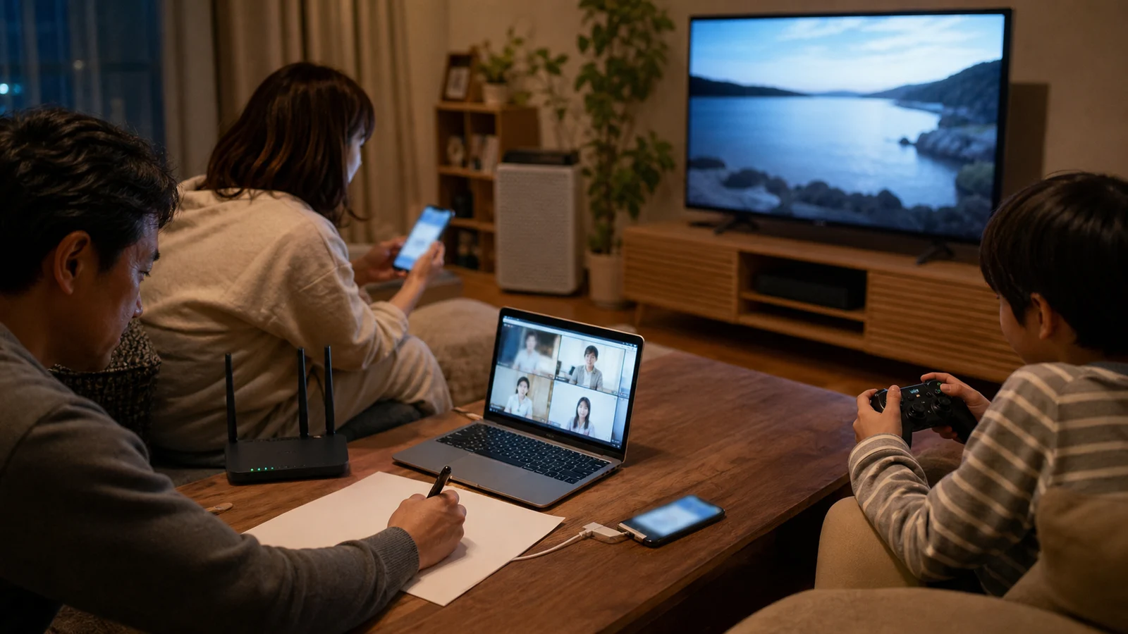 夜の家庭でオンライン会議、動画、ゲーム、スマートフォンを同時利用して回線を試す家族。