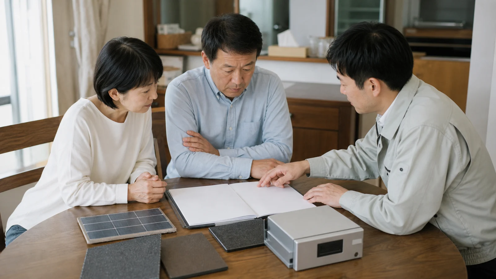太陽光パネル部材と契約書を前に所有権、保証、満了条件を確認する家族と担当者。