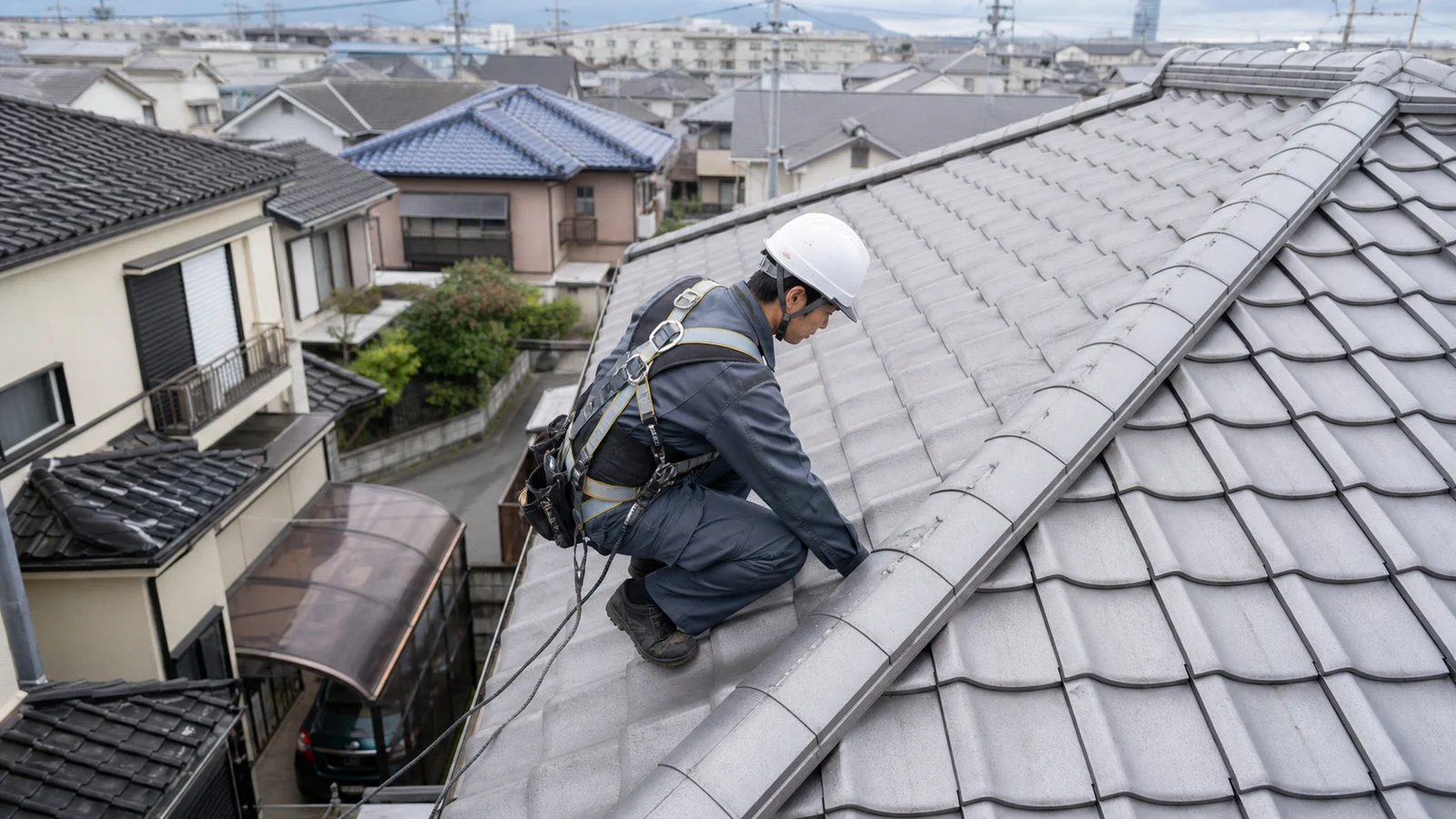 太陽光発電設備の設置前に住宅の屋根材と状態を点検する担当者。