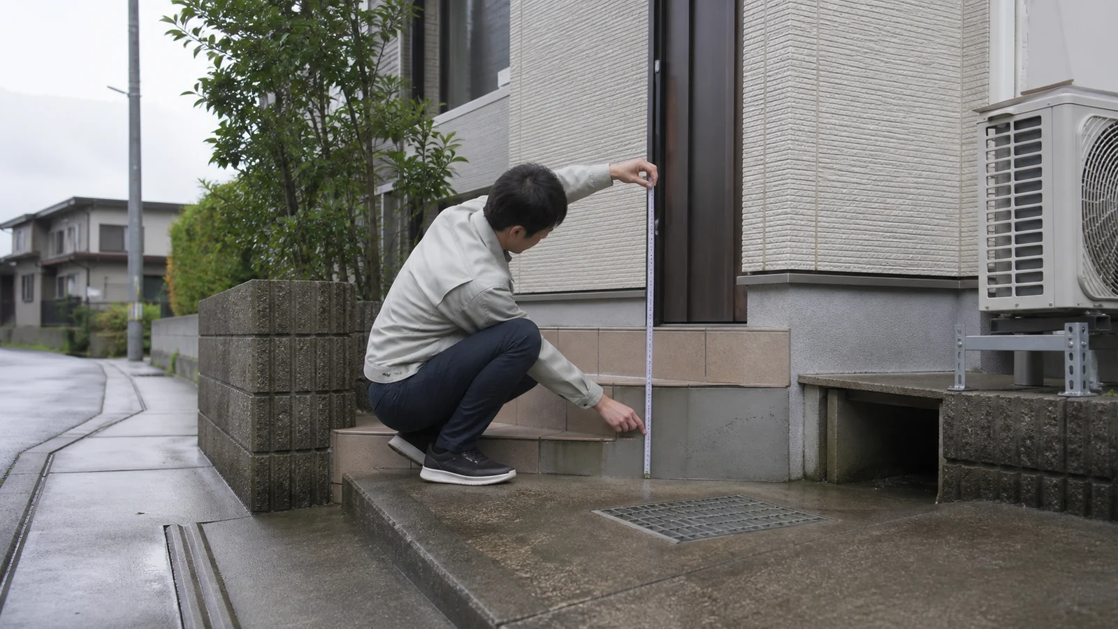 住宅の玄関床と周辺道路の高さを測り浸水経路を確認する担当者。