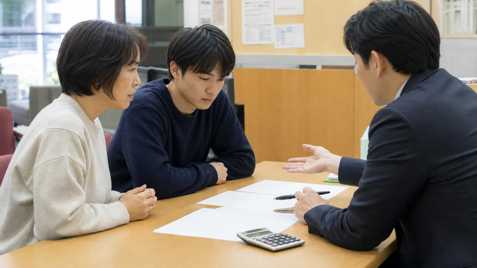 大学の相談窓口で授業料減免と給付奨学金の条件を確認する学生と保護者。