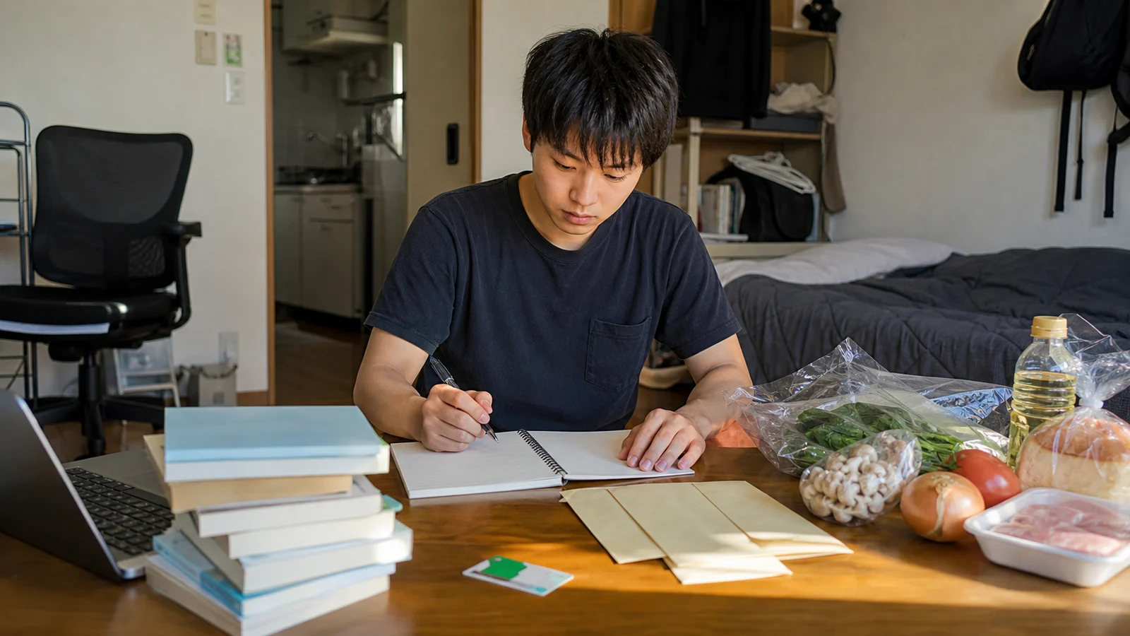 学生向け住居で家賃、食費、光熱費、教材費を家計表へ記入する学生。