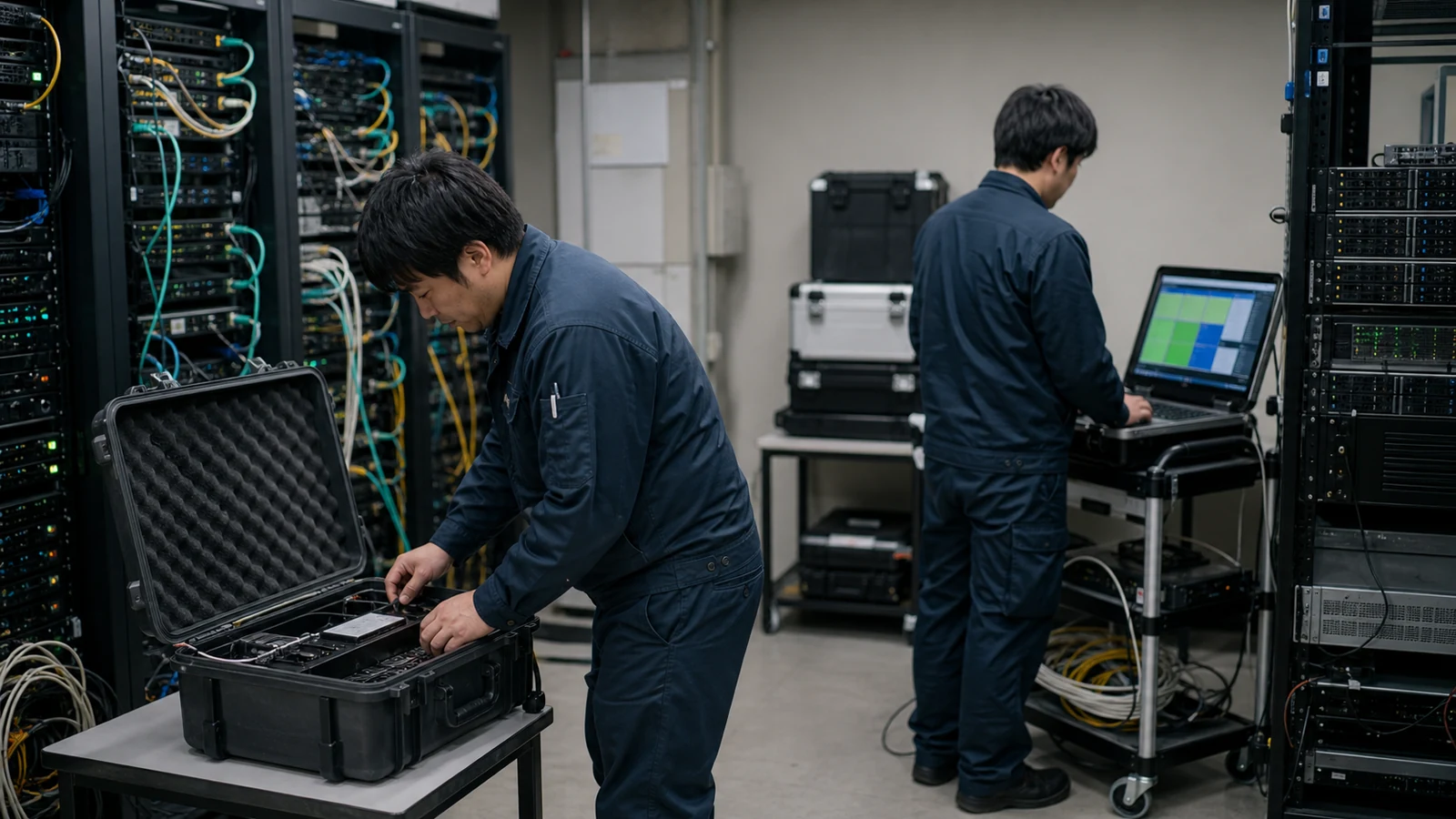 データセンターの検証環境でデータ復元とサービス切替の退出演習を行う技術者。