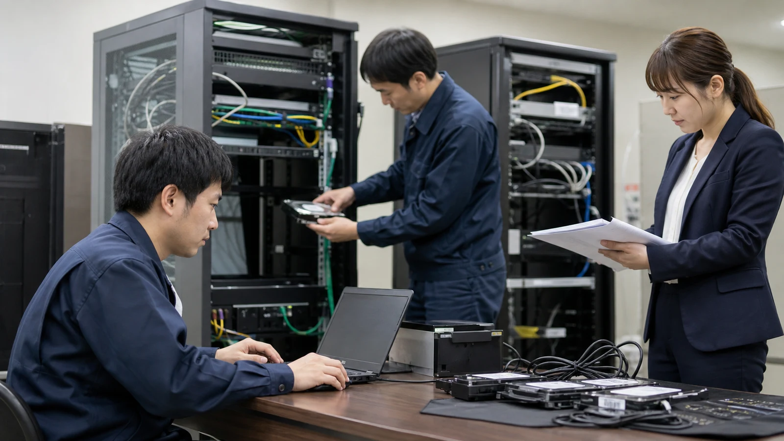 二つの検証環境間でデータ移行と復元を確認する技術者と契約担当者。