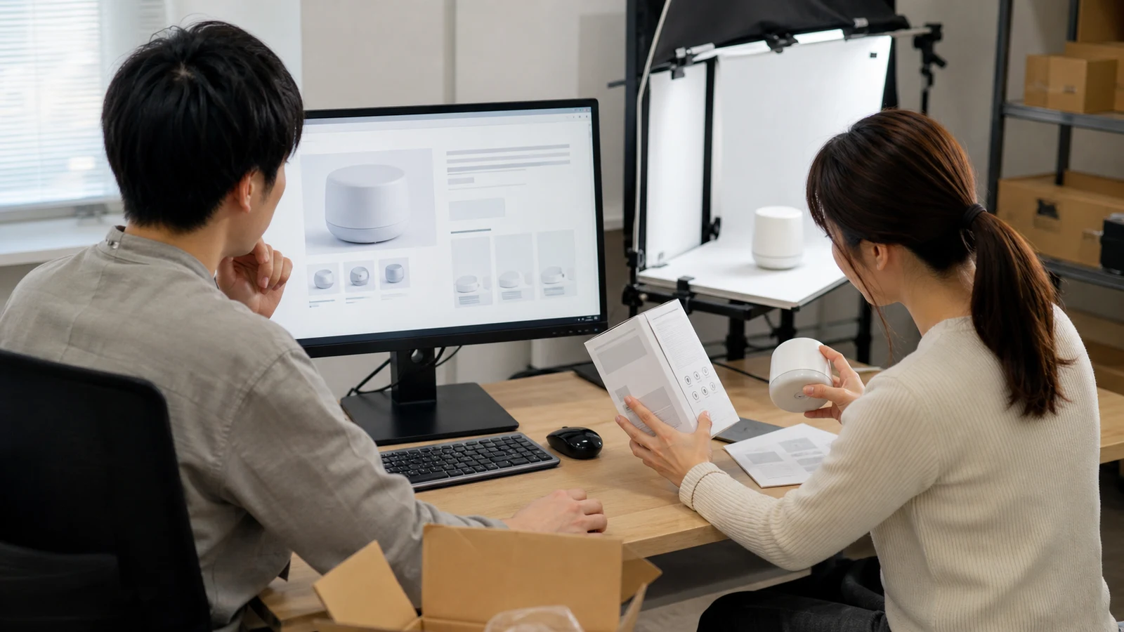 越境ECの商品ページと実物・包装・説明書の製品情報を照合する担当者。
