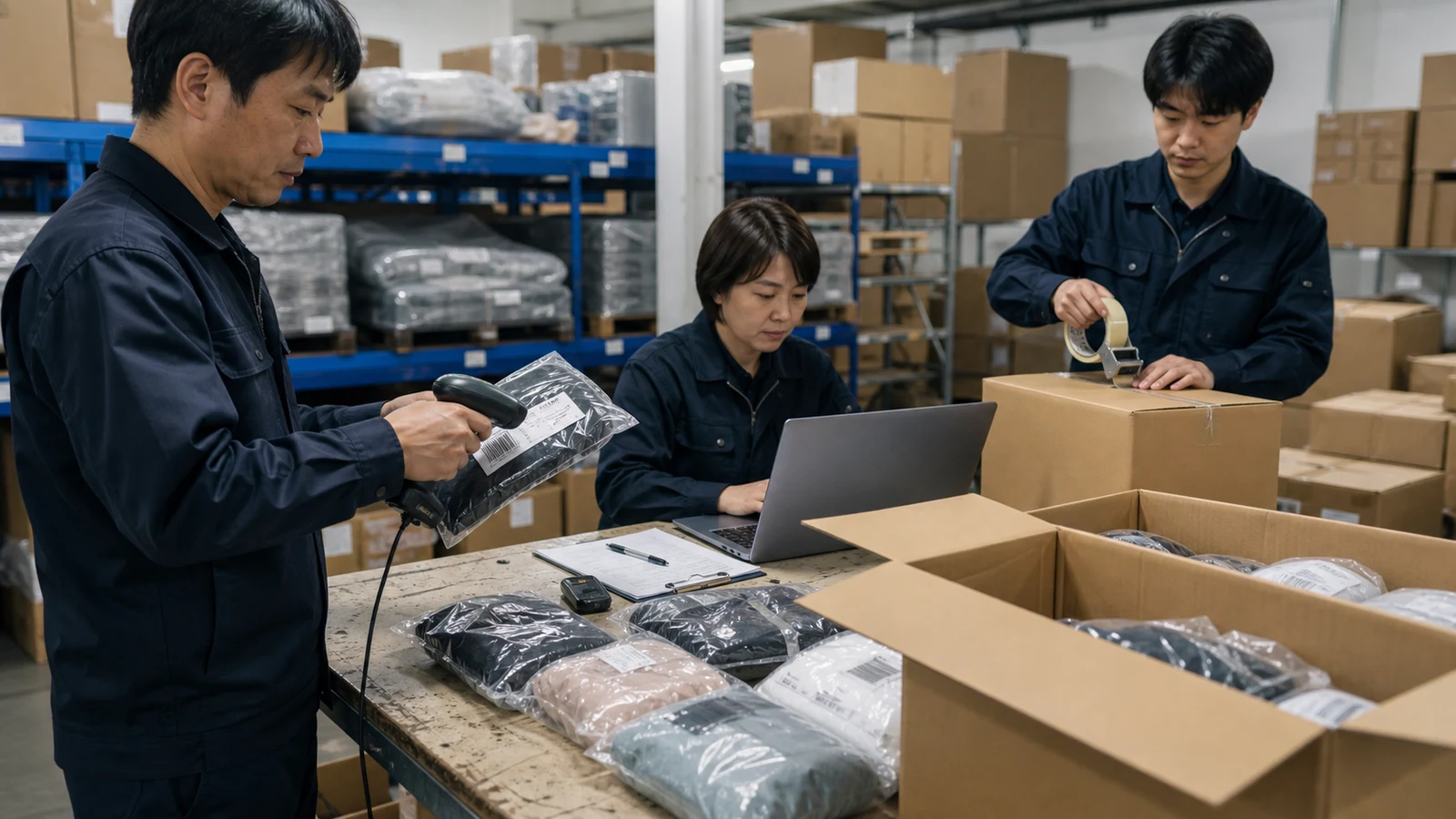 倉庫で対象ロットをスキャンし、販売記録と照合して返品品を隔離する担当者。