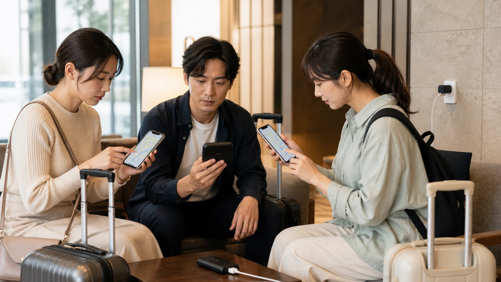 ホテルで一台のWi-Fiルーターを共有し、それぞれのスマートフォンで地図を確認する三人の旅行者。