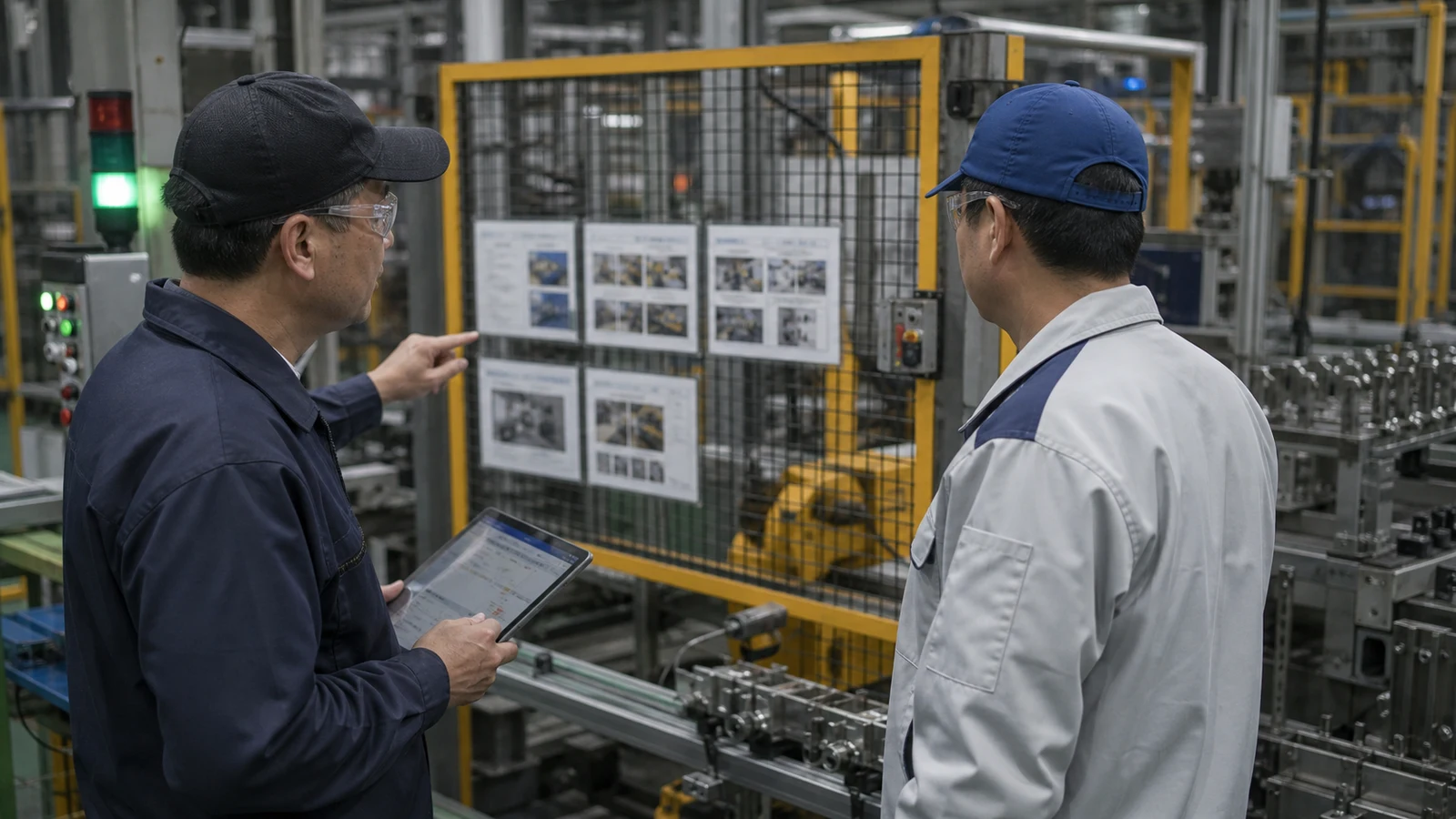 工場現場で安全設備の是正計画と完了証拠を作業者と確認する調達・安全担当者。