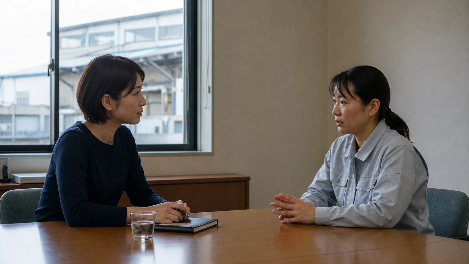 工場の相談窓口記録と是正状況を個人情報に配慮して確認する人権担当者。