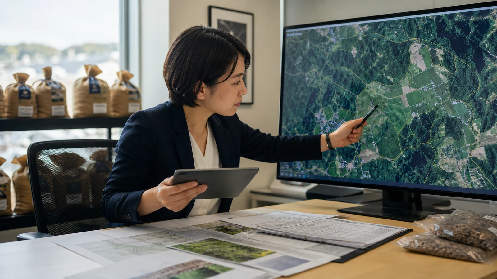 産地の衛星地図と農園区画データを見比べ、境界とロット番号を確認する担当者。