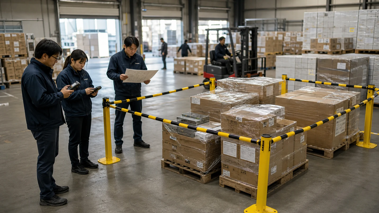 倉庫で対象ロットを隔離し、販売・輸出停止の範囲を在庫台帳で確認する物流担当者。