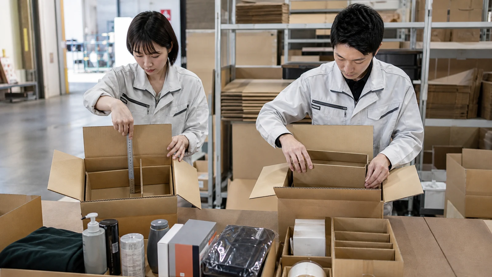 複数サイズの配送箱で空隙と商品保護を測り、落下試験後の破損を確認する物流チーム。