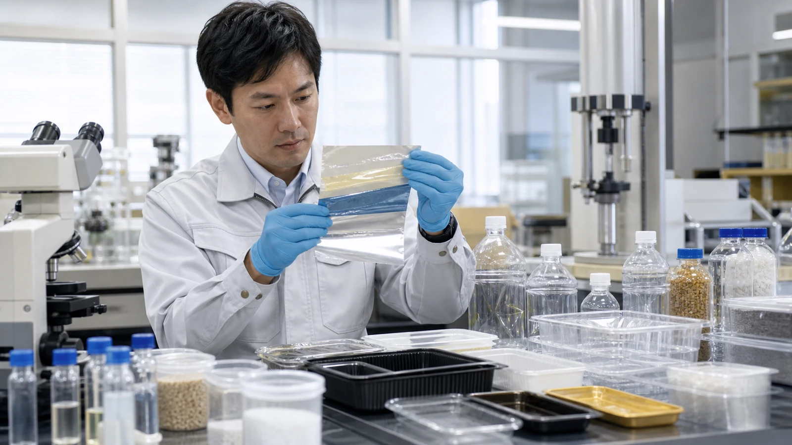 食品接触包装の部材サンプルと試験報告書を並べ、PFASの閾値とロットを確認する担当者。