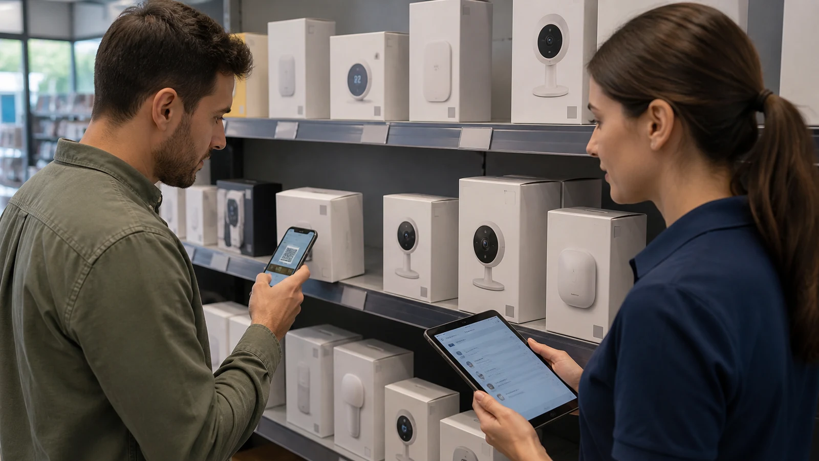 IoT製品の箱、QRコード、オンライン商品画像、公開レジストリの型式を照合する流通担当者。