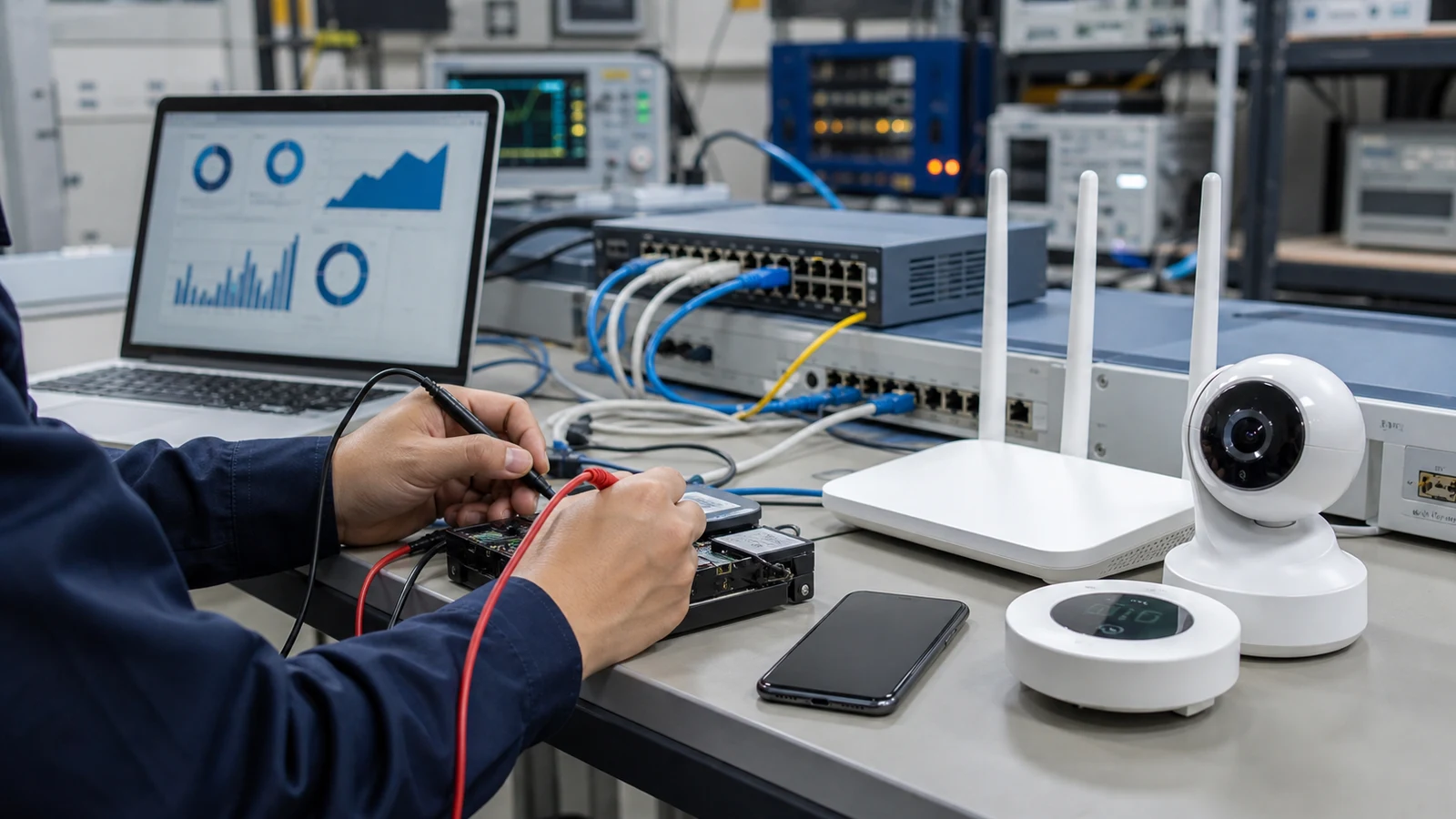IoT製品の実機、スマートフォンアプリ、更新サーバーを同時に接続して認証と更新を試験する技術者。