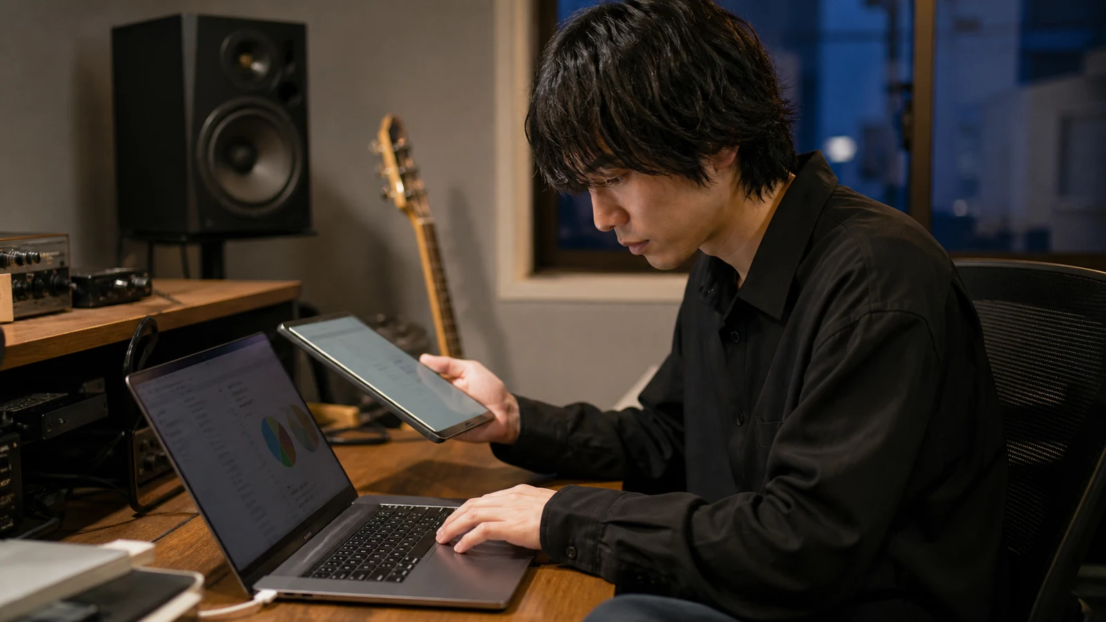 自主アーティストが、音源別の配信明細と作品著作権の分配明細を二画面で照合する場面。