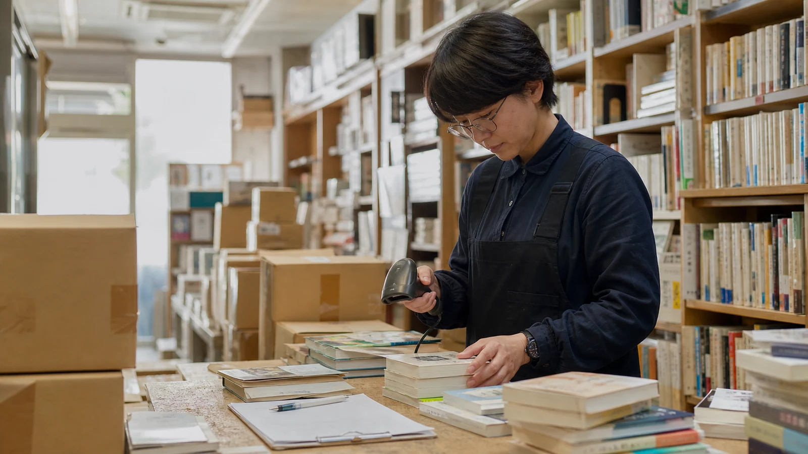 書店から戻った本を、書名、版、状態ごとに仕分けて返品データと照合する作業者。