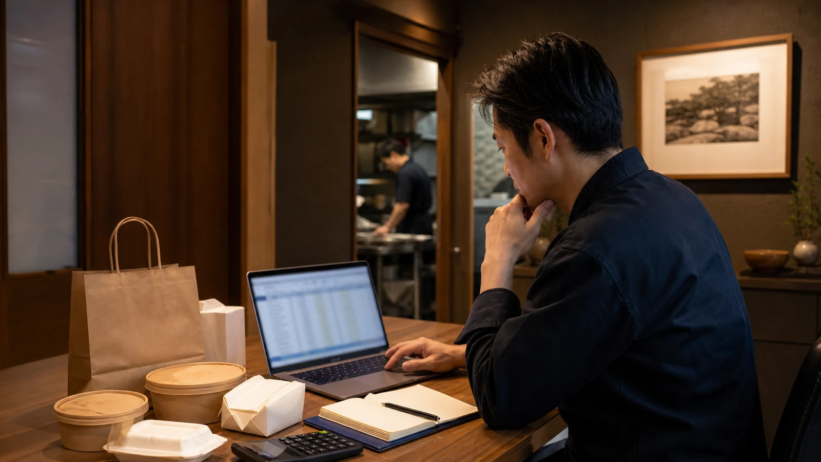 飲食店経営者が、配達注文ごとの入金、手数料、包材、調理分数、返金を一覧で確認する場面。