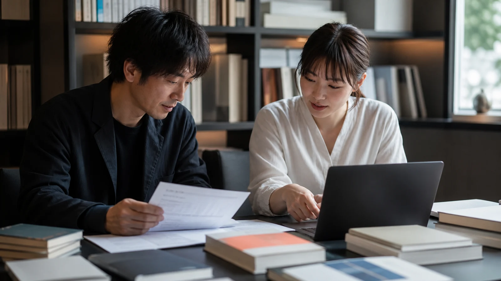 出版社と著者が、紙の発行・返品明細と電子書籍ストアの販売明細を並べて確認する場面。