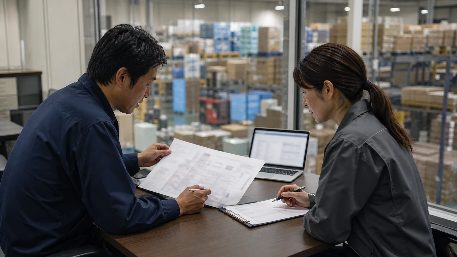 荷主と3PL担当者が、在庫移管、データ返却、並行稼働、終了費を移行計画で確認する場面。