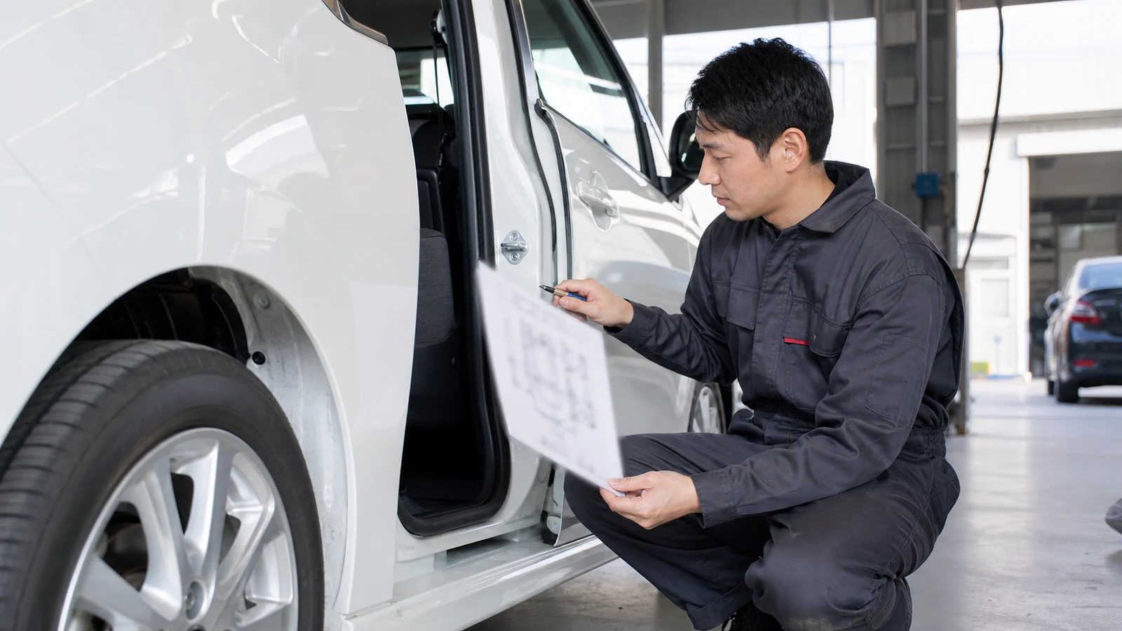 中古車の検査票と実車の外装、タイヤ、車台情報を照合する整備担当者。