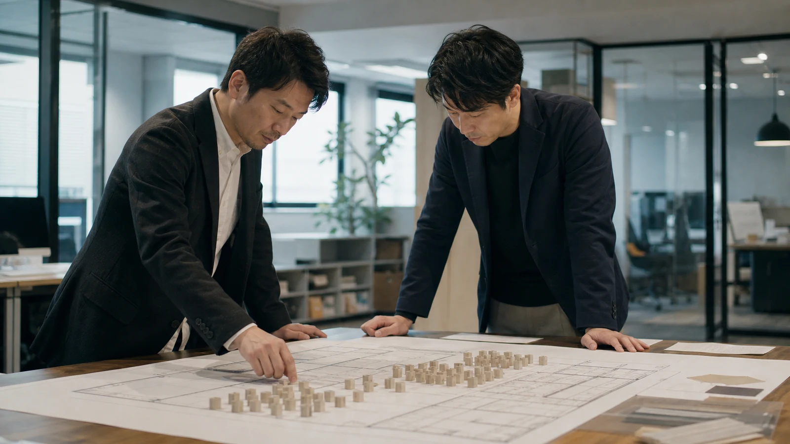 10人、18人、25人の出社人数を月別に置き、個室と会議室の必要量を図面上で検討するチーム。