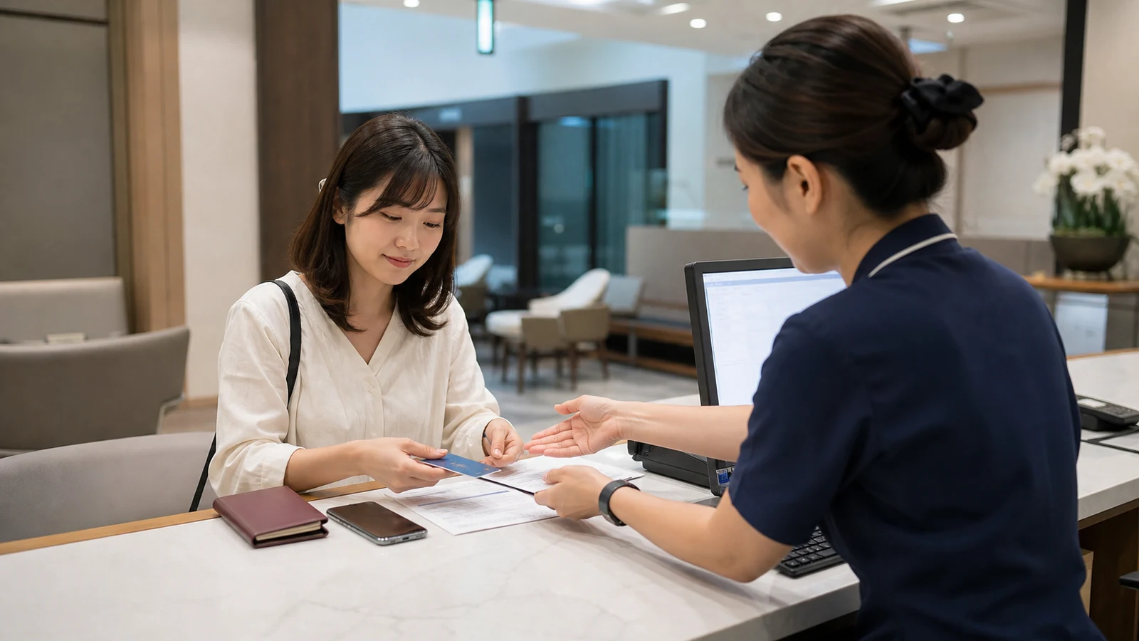 海外の医療機関を受診する前に、保険証券、カード利用枠、通訳窓口を確認する旅行者。