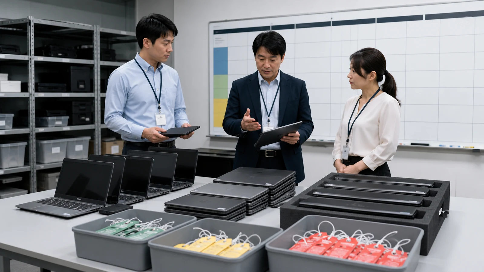 業務PCの導入、修理、再配備、データ消去、更新を五年間の計画表で確認する情報システム部門。