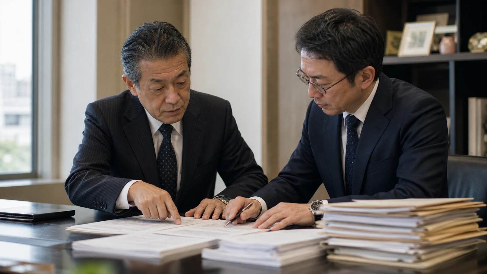 売掛債権譲渡契約の買戻し、表明保証、通知、留保金を照合する経営者と専門家。