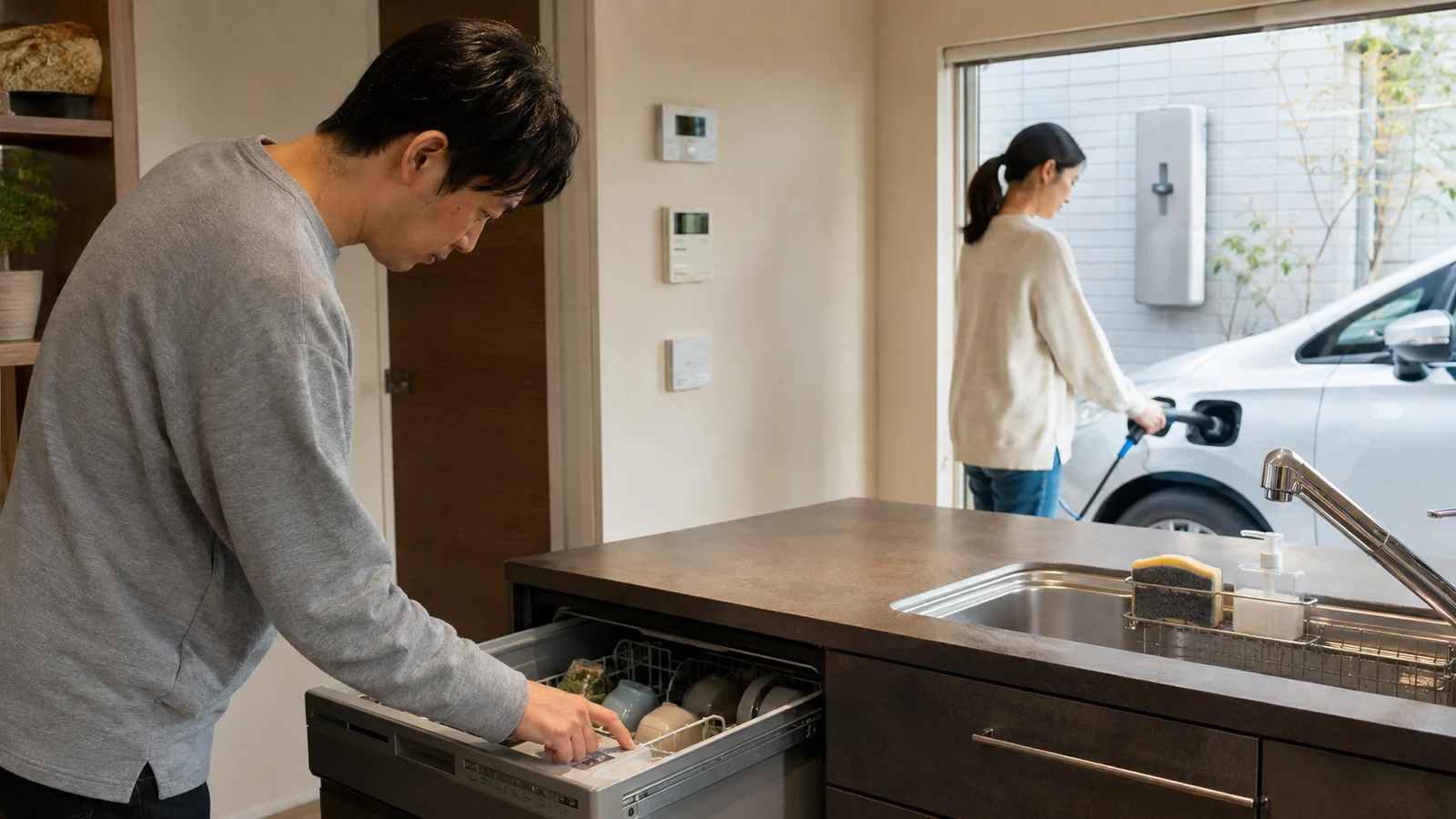 家庭の空調、給湯、調理、洗濯、EV充電を動かせる時間と動かせない時間に分ける家族。