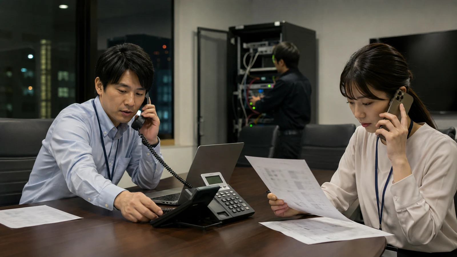 クラウドPBX切替日に外部電話から代表番号、転送、録音、障害迂回を順番に試験するチーム。