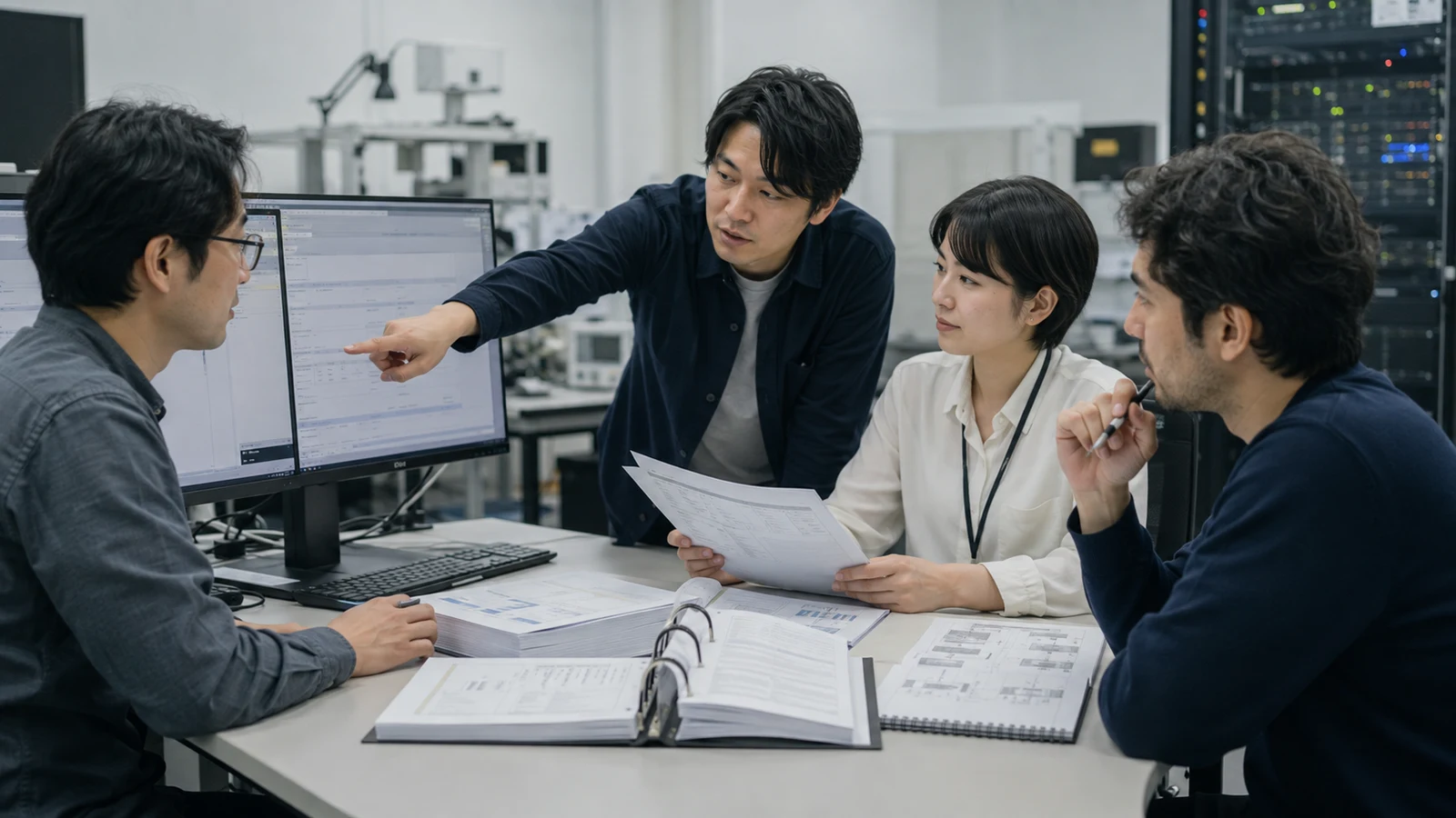 実装機能の受入試験、設計記録、テスト結果、運用手順を発注者と開発チームが確認する場面。