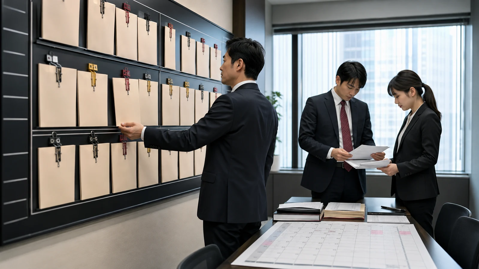 顧客、仕入、賃貸、ライセンス契約の譲渡同意と完了日を一覧で確認するM&A担当者。