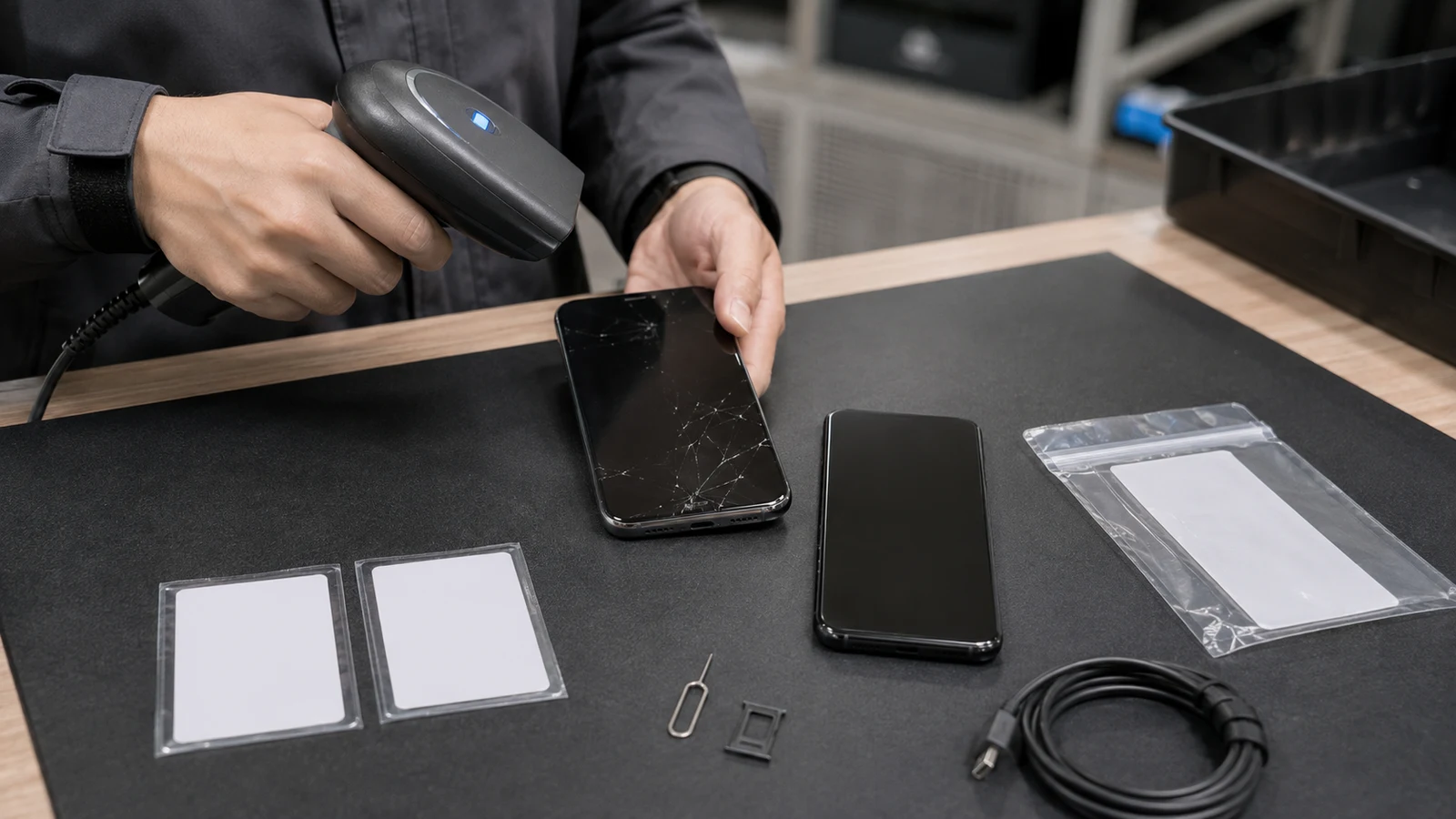 故障した社用スマートフォンと交換機を端末番号で照合するサポート担当者。