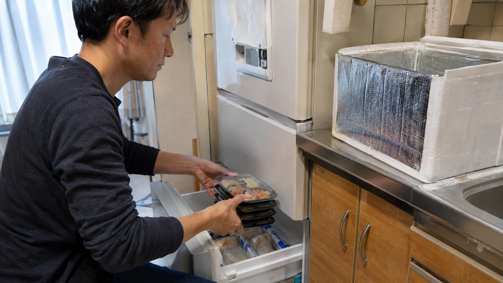 家庭の引き出し式冷凍庫へ密封された総菜トレーを収める男性。