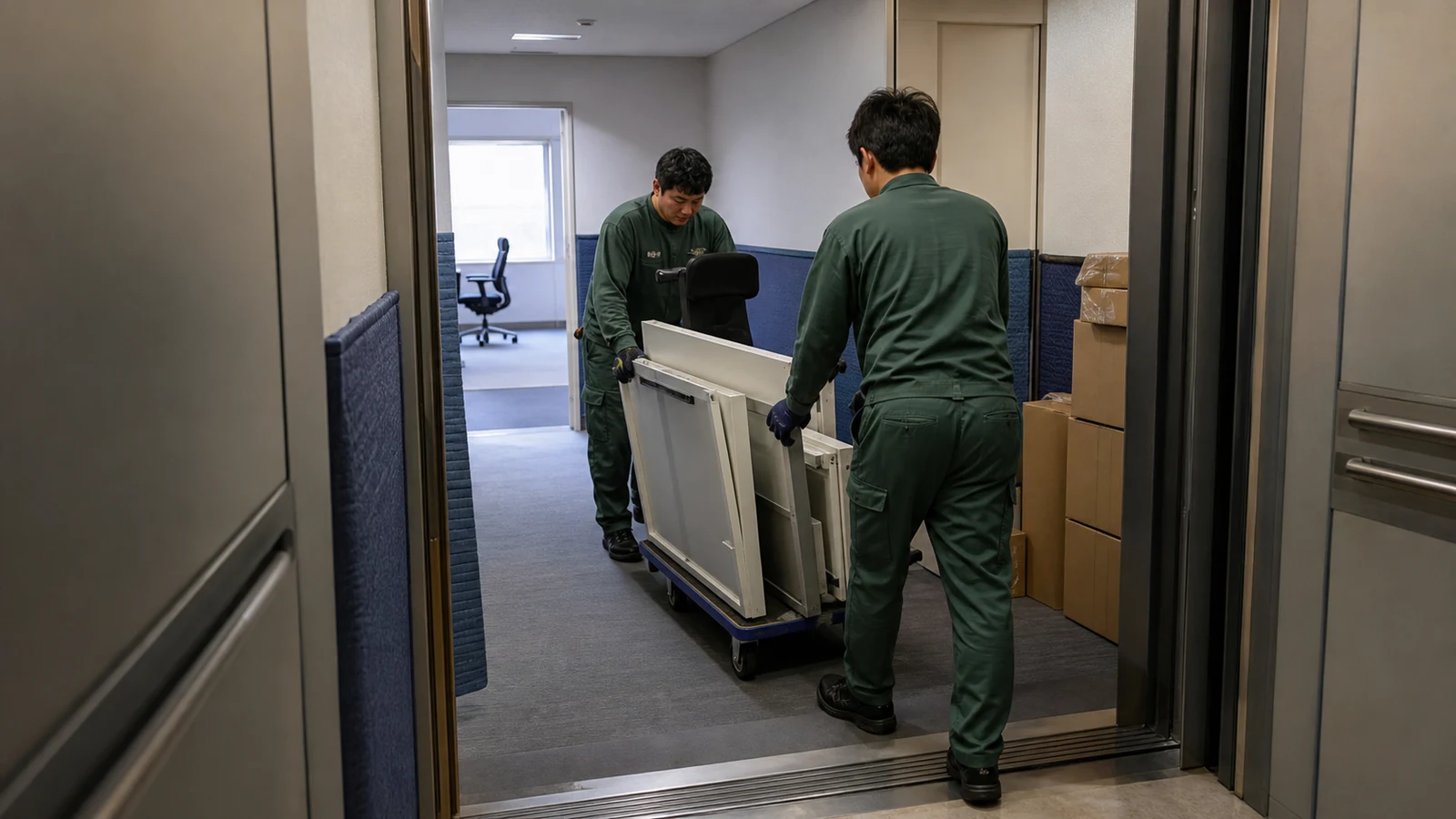 オフィスのエレベーター前で机の部材を台車へ積む引越し作業員。