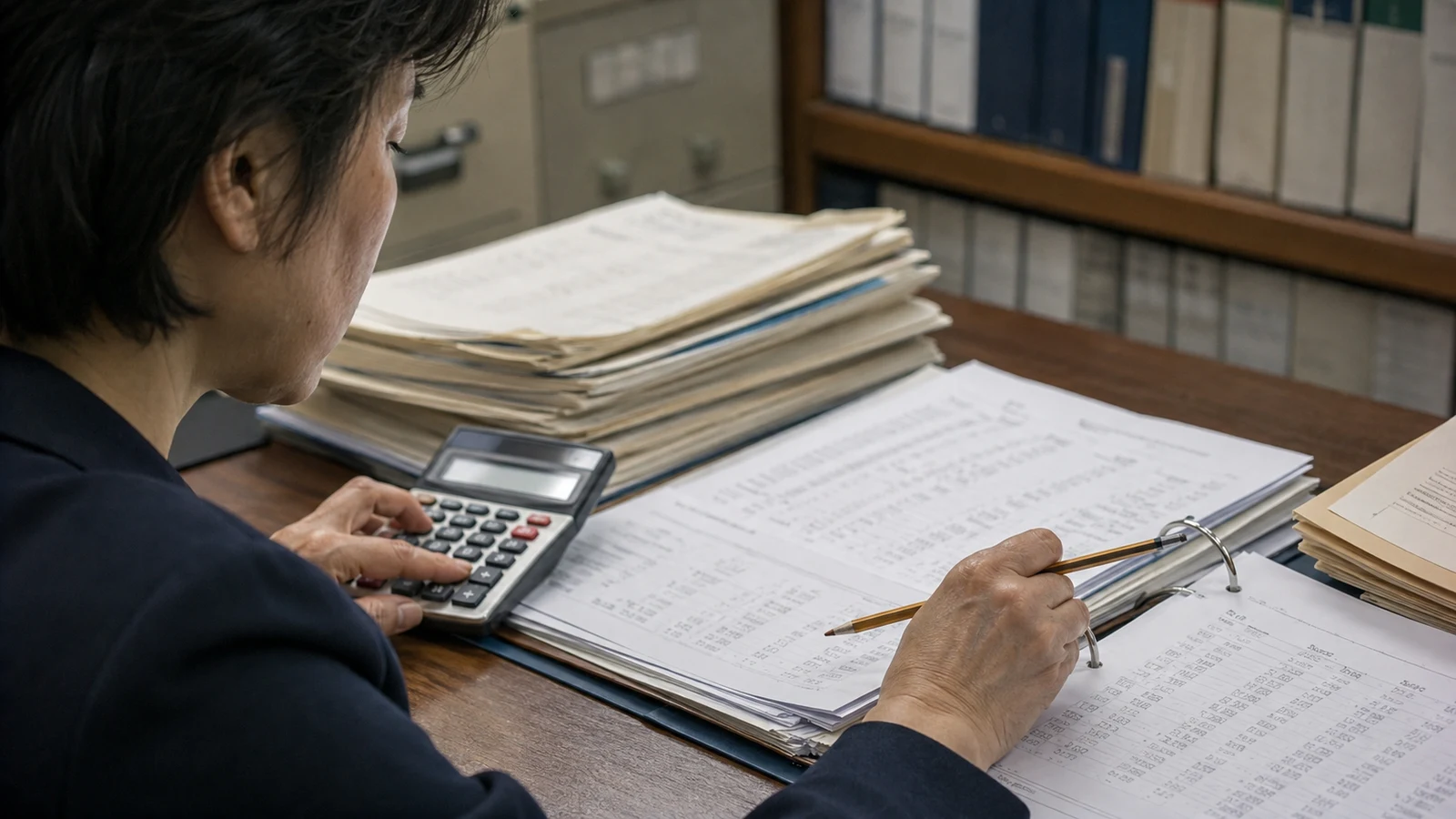 年金関係の書類と計算機を使って資金を確認する経理担当者。